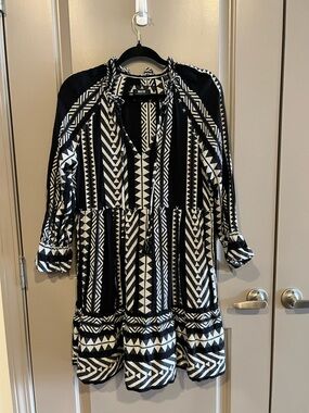 Anthropologie Maeve Dominique Tunic Dress Black and White Geometric Long Sleeve